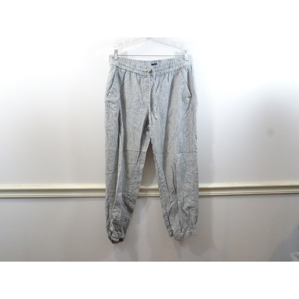 J.Crew Linen Blend Ticking Stripe Joggers Blue White Size 10 Drawstring Pants